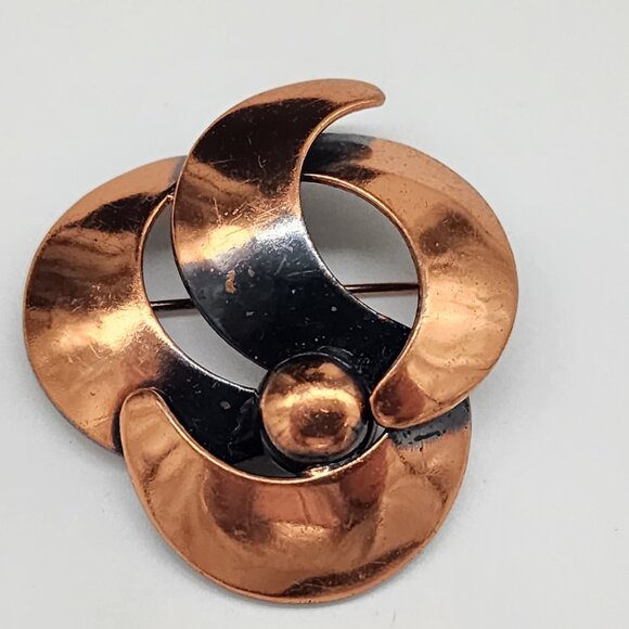 Vintage Copper & Black Abstract Swirl Brooch Pin For Women 1.5" - Picture 1 of 7